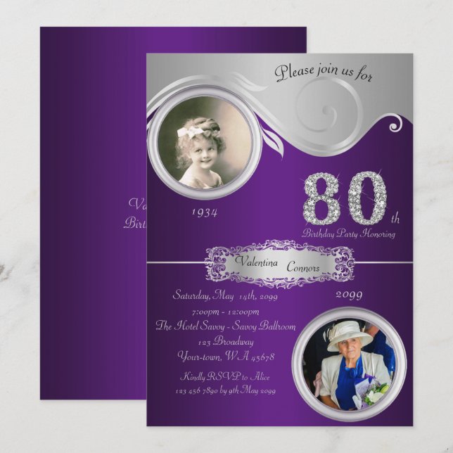 Invitación 80.º cumpleaños, mujer 80.ª, elegante deco artísti (Anverso / Reverso)