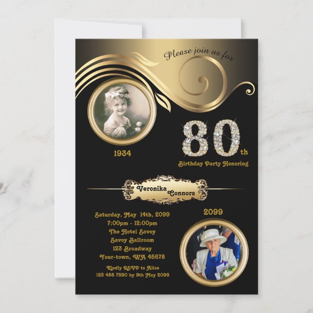 Invitación 80.º cumpleaños Mujer 80.º, arte deco, oro negro (Anverso)