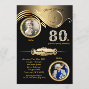 Invitación 80.º cumpleaños Mujer 80.º, arte deco, oro negro