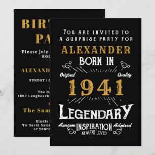 Invitación 80.º cumpleaños Nacido 1941 Black Gold Retro Vinta