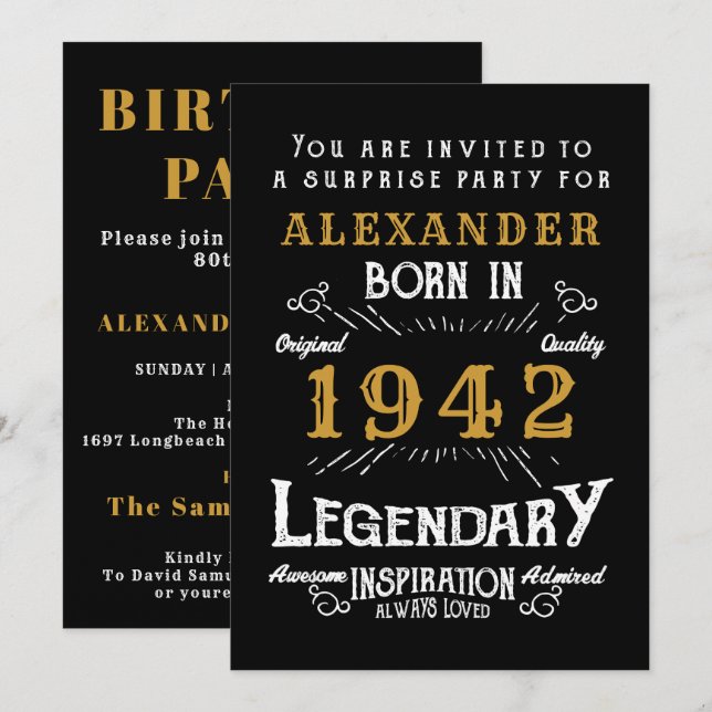 Invitación 80.º cumpleaños Nacido 1942 Black Gold Retro Vinta (Anverso / Reverso)