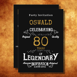 Invitación 80.º cumpleaños Nacido legendario Black Gold Retro