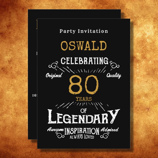 Invitación 80.º cumpleaños Nacido legendario Black Gold Retro (For those celebrating their 80th birthday we have the ideal birthday party invitation)