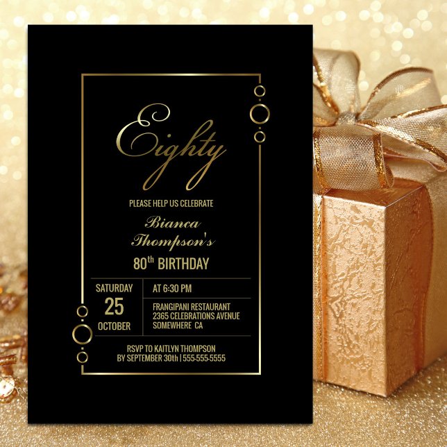 Invitación 80.º cumpleaños negro con Fiesta de marco dorado (Subido por el creador)