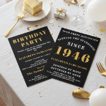 Invitación 80.º cumpleaños: negro y oro personalizado 1946<br><div class="desc">Celebra un verdadero magnífico hito con esta elegante invitación a la fiesta de cumpleaños número 80. Perfecto para honrar a alguien especial que cumple los ochenta (80), este diseño presenta un sofisticado fondo negro acentuado por una rica tipografía de oro falso. El popular texto "NACIMIENTO 1946" es el punto focal,...</div>
