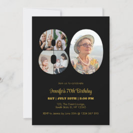 Invitación 80.º cumpleaños número 80 Collage de fotos negro m