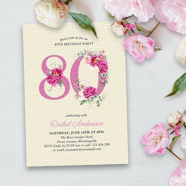Invitación 80.º cumpleaños número 80 de flores de peonía rosa (80th Birthday Invitation with pink floral number 80 - elegant vintage design with roses and peonies)