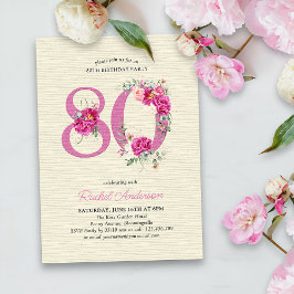 Invitación 80.º cumpleaños número 80 de flores de peonía rosa