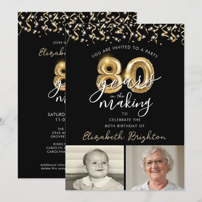 Invitación 80.º cumpleaños Oro Negro 2 fotos Globos (Anverso / Reverso)