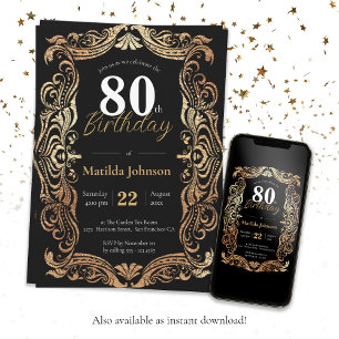 Invitación 80.º cumpleaños oro negro glamoroso Boho elegante