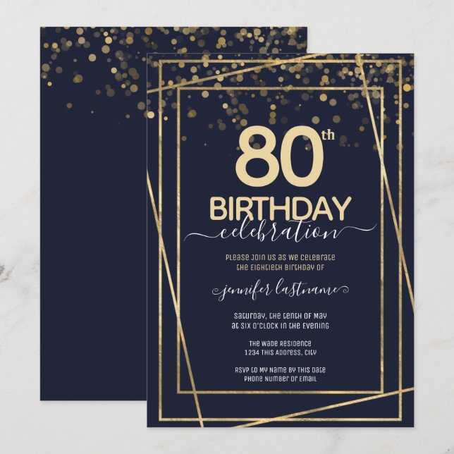 Invitación 80.º cumpleaños oro y azul (Anverso / Reverso)