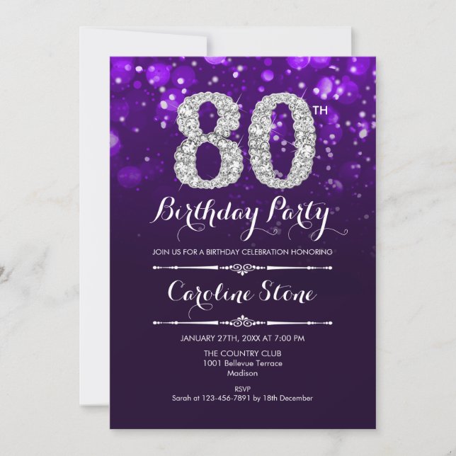 Invitación 80.º cumpleaños - Plata morada (Anverso)