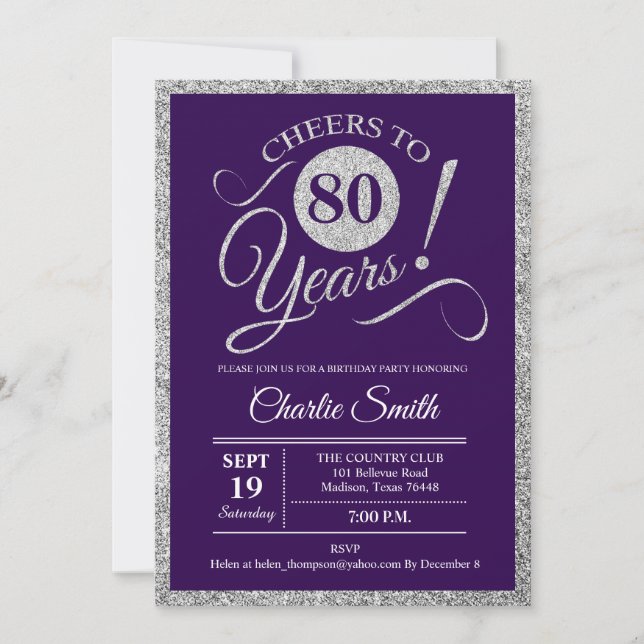 Invitación 80.º cumpleaños - Púrpura plateado CUALQUIER AÑO (Anverso)