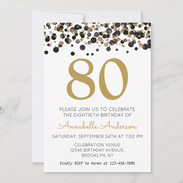 Invitación 80.º cumpleaños Purpurina de oro negro Sparkle Con (Anverso)
