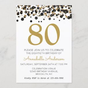 Invitación 80.º cumpleaños Purpurina de oro negro Sparkle Con