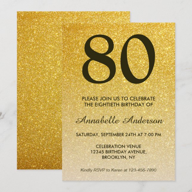 Invitación 80.º cumpleaños Purpurina de oro negro Sparkle Omb (Anverso / Reverso)