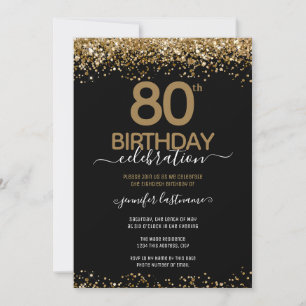 Invitación 80.º cumpleaños Purpurina elegante de oro