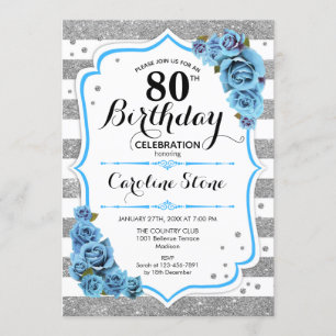 Invitación 80.º cumpleaños - Rayas blancas de plata azul
