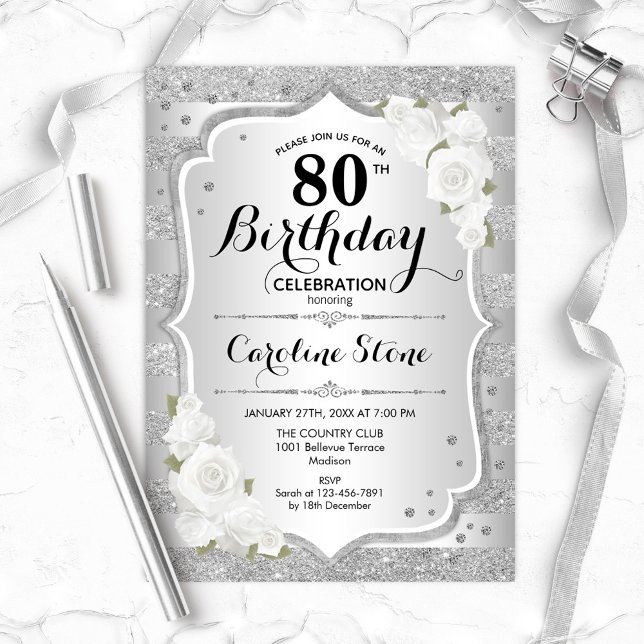 Invitación 80.º cumpleaños - Rayas blancas de rayas plateadas (Subido por el creador)