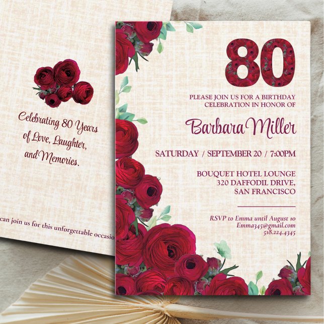 Invitación 80.º cumpleaños - Red Peonies Linen 80 años (Subido por el creador)