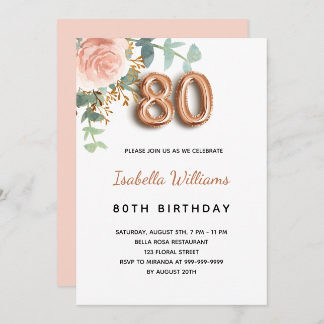 Invitación 80.º cumpleaños rosa floral oro eucalipto verde (Anverso / Reverso)