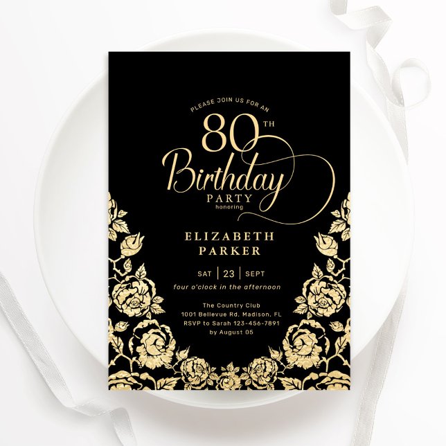 Invitación 80.º cumpleaños Rosas de oro negro (Subido por el creador)