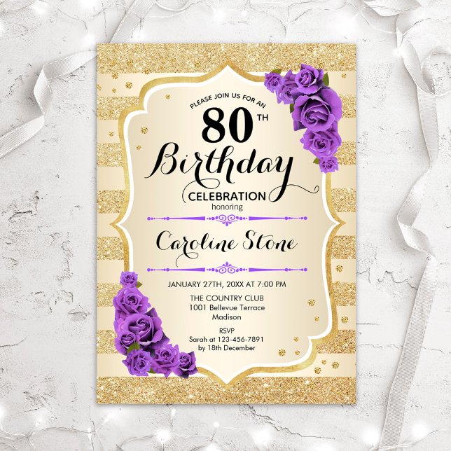 Invitación 80.º cumpleaños - Rosas morados de bandas de oro (Subido por el creador)