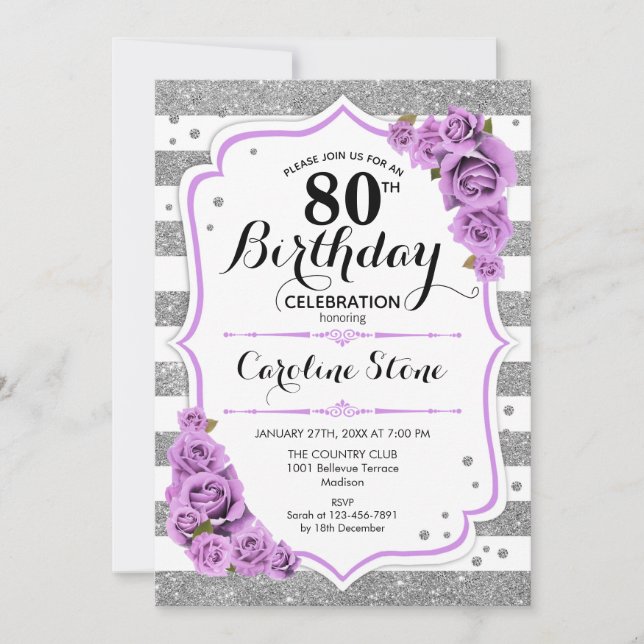 Invitación 80.º cumpleaños - Rosas morados de rayas blancas p (Anverso)