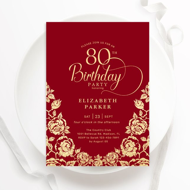 Invitación 80.º cumpleaños Rosas Red Gold (Subido por el creador)