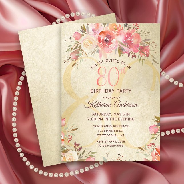 Invitación 80.º cumpleaños Roses rosadas florales Fiesta de b (Elegant 80th birthday Party Invitation with pink rose floral and gold shimmer)