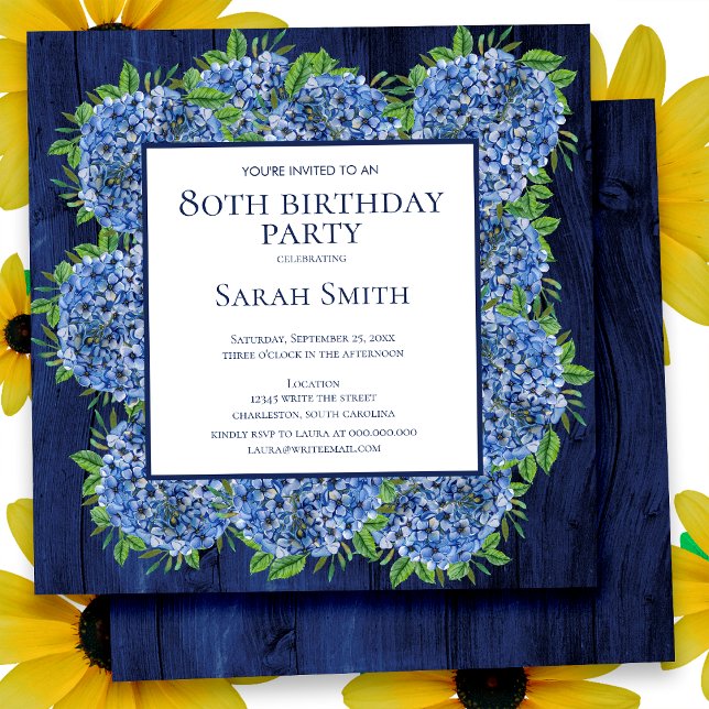 Invitación 80.º cumpleaños Rustic Wood Blue Hydrangeas Fiesta (Subido por el creador)