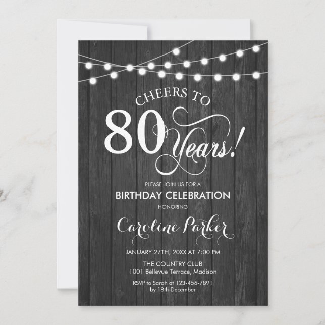 Invitación 80.º Cumpleaños - Rústico Patrón de Madera Gris (Anverso)