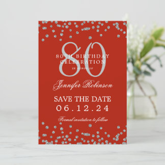 Invitación 80.º cumpleaños Silver Save Date Confetti Red