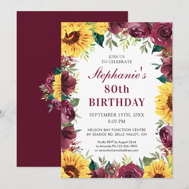 Invitación 80.º cumpleaños Sunflower Borgoña Rosa Frontera (Anverso / Reverso)