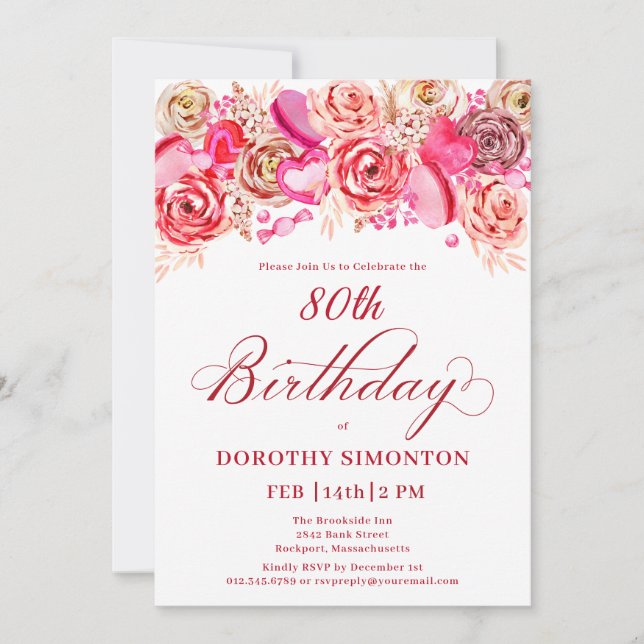 Invitación 80.º cumpleaños Valentine Pink Rose Swirly Heart (Anverso)