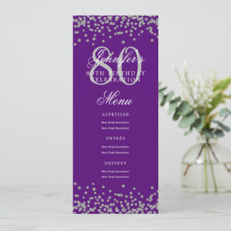Invitación 80.º menú Cumpleaños Plata Confetti Púrpura