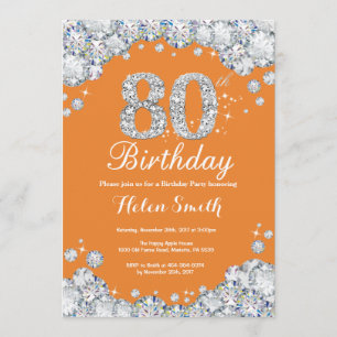 Invitación 80.º Naranja de cumpleaños y diamante plateado