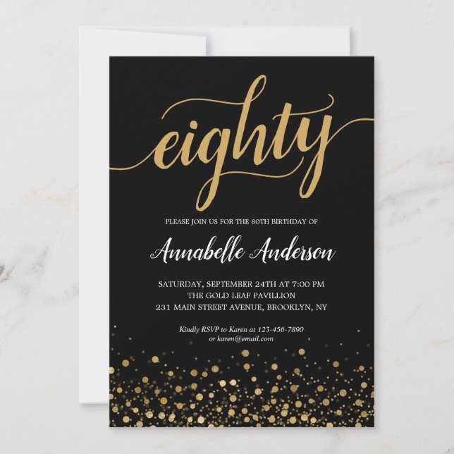 Invitación 80.º natalicio de escritura moderna de confetti de (Anverso)