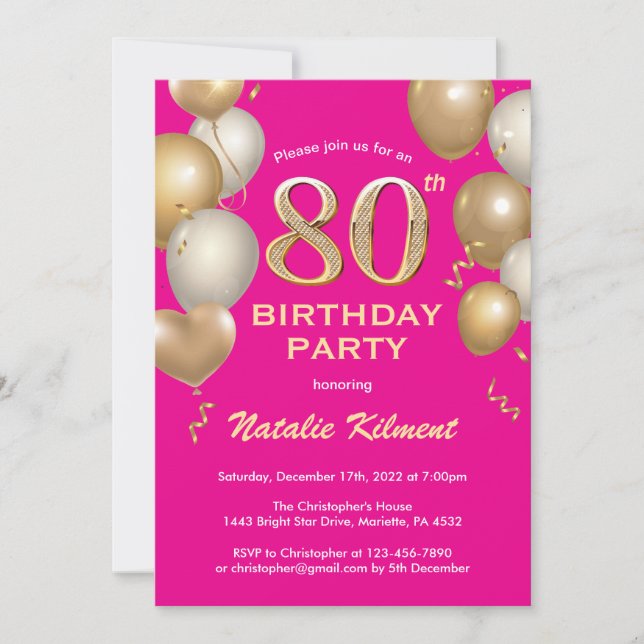 Invitación 80.º natalicio Globos Purpurinas de oro y rosado c (Anverso)