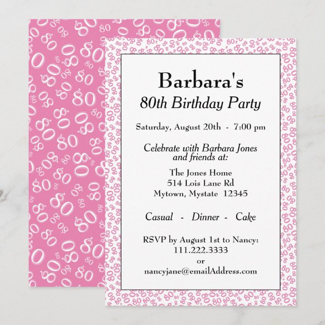 Invitación 80.º patrón de número aleatorio rosa/blanco Fiesta (Anverso / Reverso)
