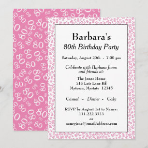 Invitación 80.º patrón de número aleatorio rosa/blanco Fiesta