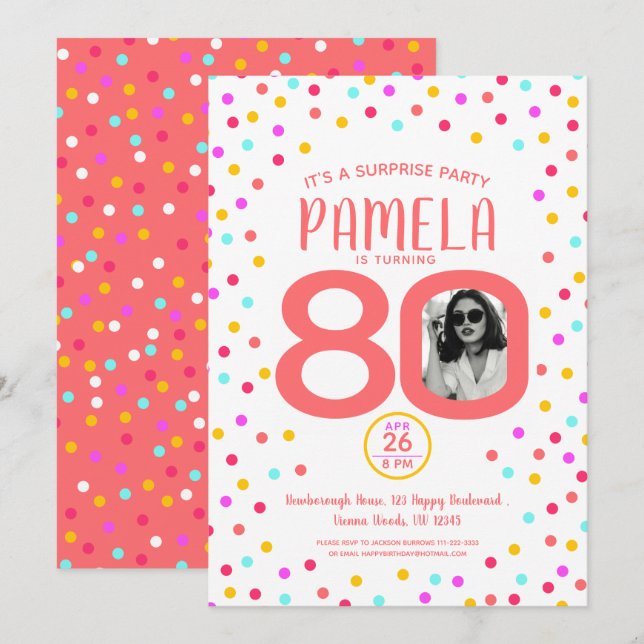 Invitación 80.º personalizado de cumpleaños foto confeti de c (Anverso / Reverso)