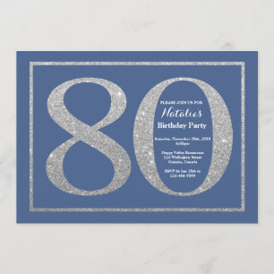 Invitación 80.º Purpurina de cumpleaños azul y plata