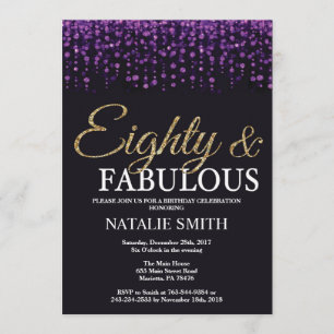 Invitación 80.º Purpurina de cumpleaños Morado y Oro