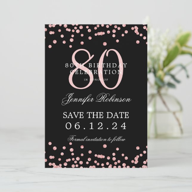 Invitación 80.º Rosa de cumpleaños Dorado Fecha de Ahorro Con (Anverso de pie)