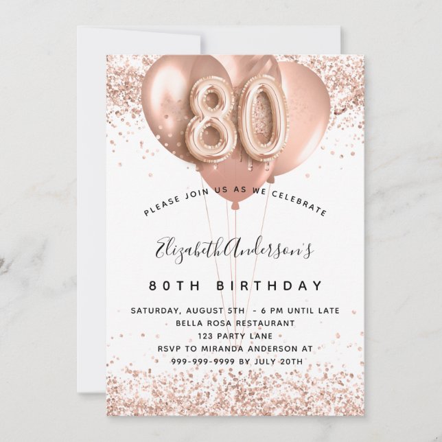 Invitación 80.º rosa de cumpleaños globos blancos de oro (Anverso)
