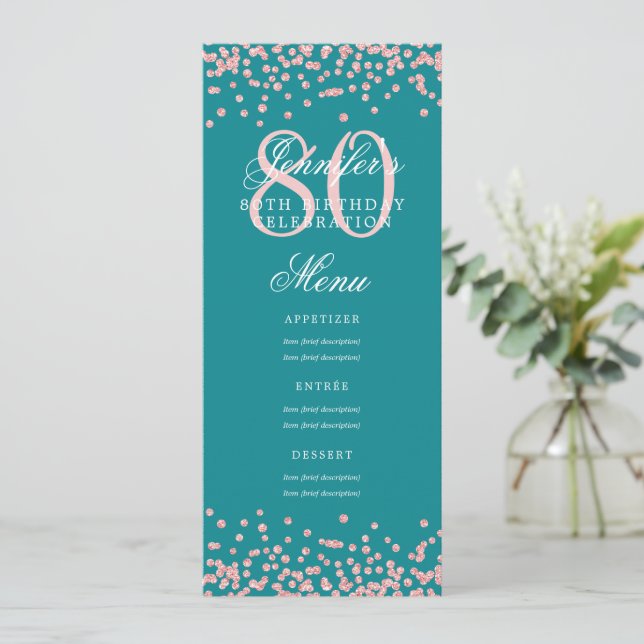 Invitación 80.º Rosa del menú Cumpleaños Confetti de oro Turq (Anverso de pie)