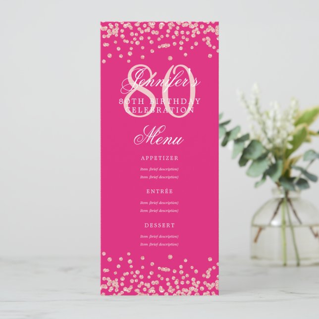 Invitación 80.º Rosa del menú Cumpleaños Confetti dorado rosa (Anverso de pie)