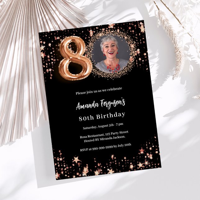Invitación 80.º rosa negro de oro estrellas de lujo (Subido por el creador)