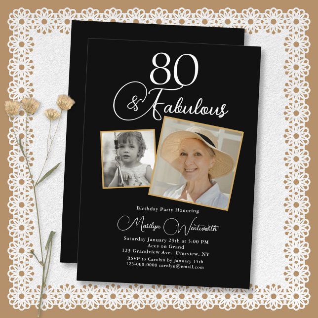 Invitación 80 and Fabulous 80th Birthday White Script 2 Photo (Subido por el creador)